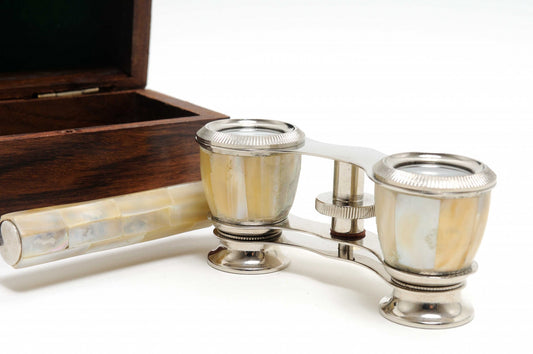 Elegant Mother Of Pearl Opera Glasses In Wood Storage Box