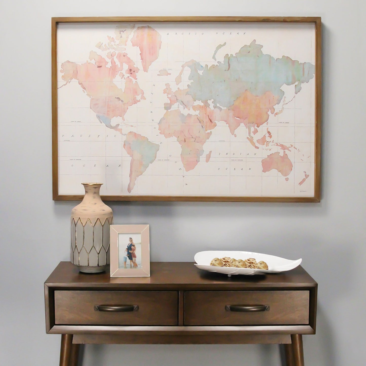 Watercolor World Map Wood Framed Wall Art