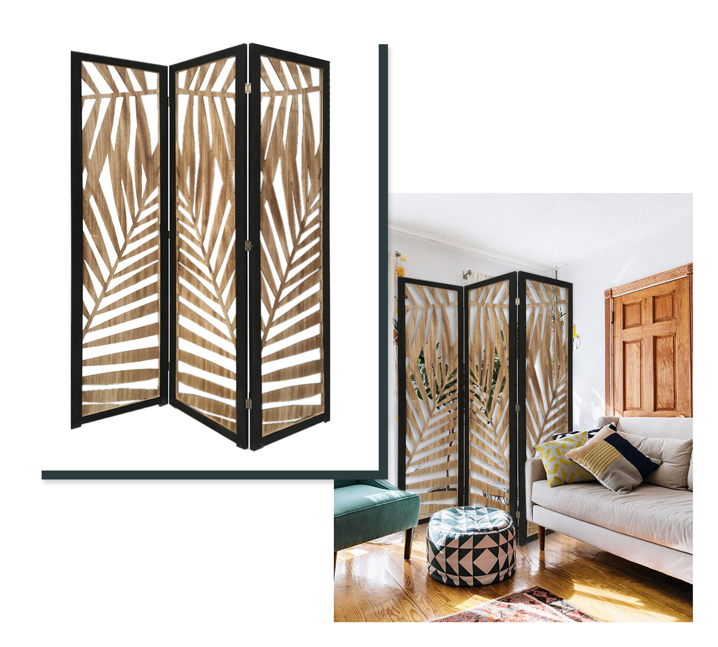 3 Panel Room Divider With Tropical Leaf Design