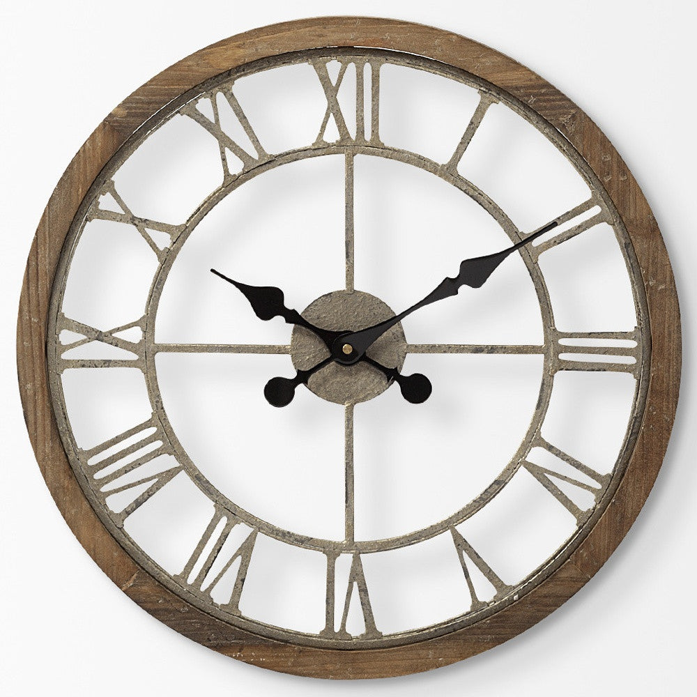 19" Whitewash Brown Round Modern Farm Wall Clock