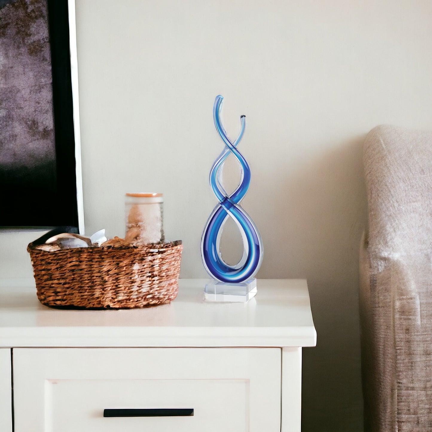 11" Clear and Blue Modern Abstract Art Glass Tabletop Sculpture