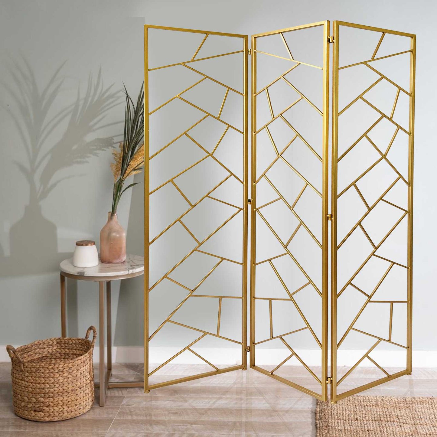 Golden Abstract Geo Three Panel Room Divider Screen