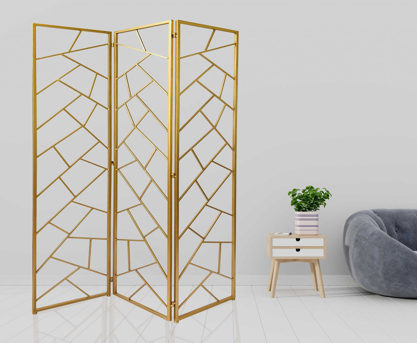 Golden Abstract Geo Three Panel Room Divider Screen