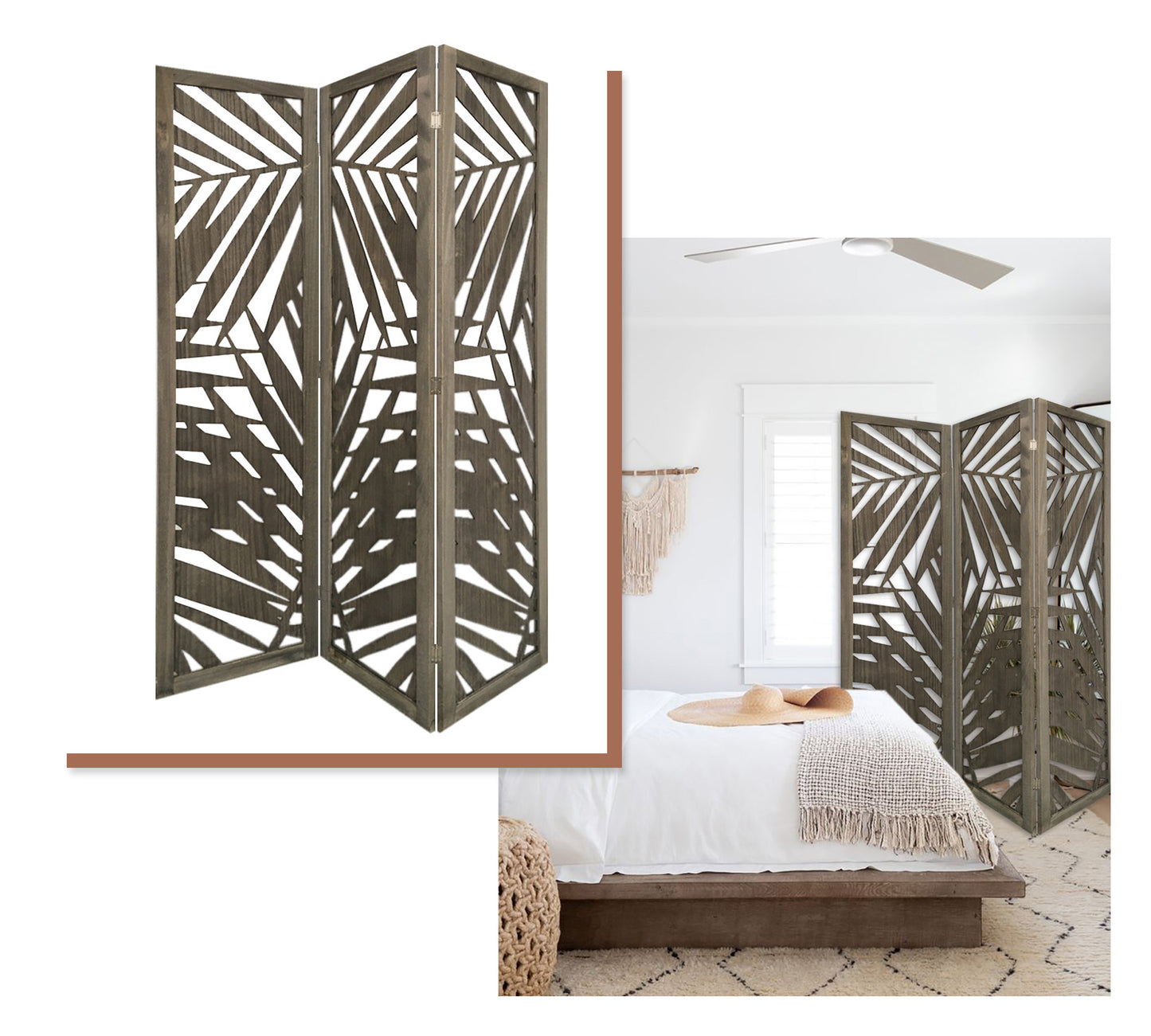 3 Panel Grey Room Divider With Tropical Leaf