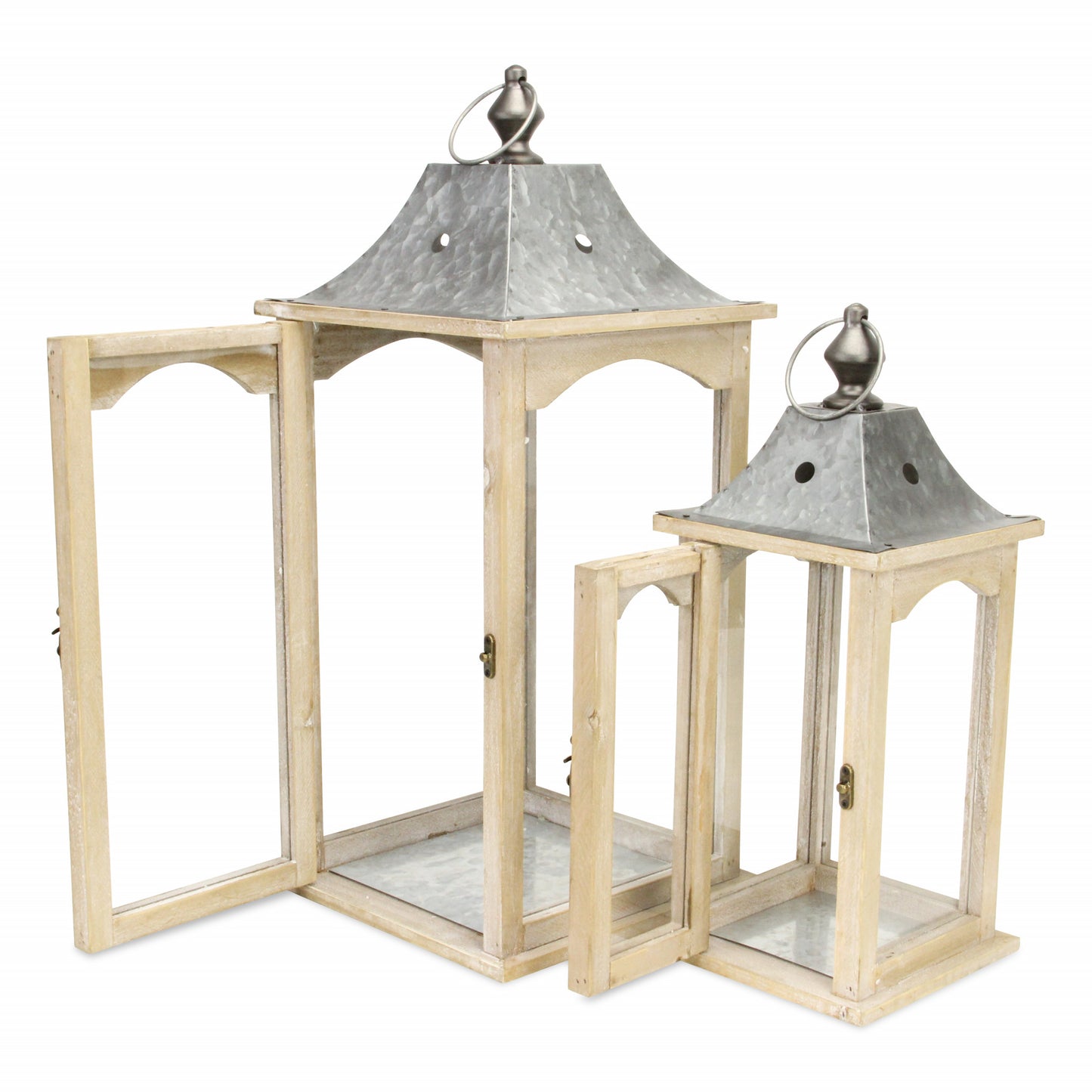 Set Of 2 Brown Wood Finished Frame Glass And Metal Top Lanterns