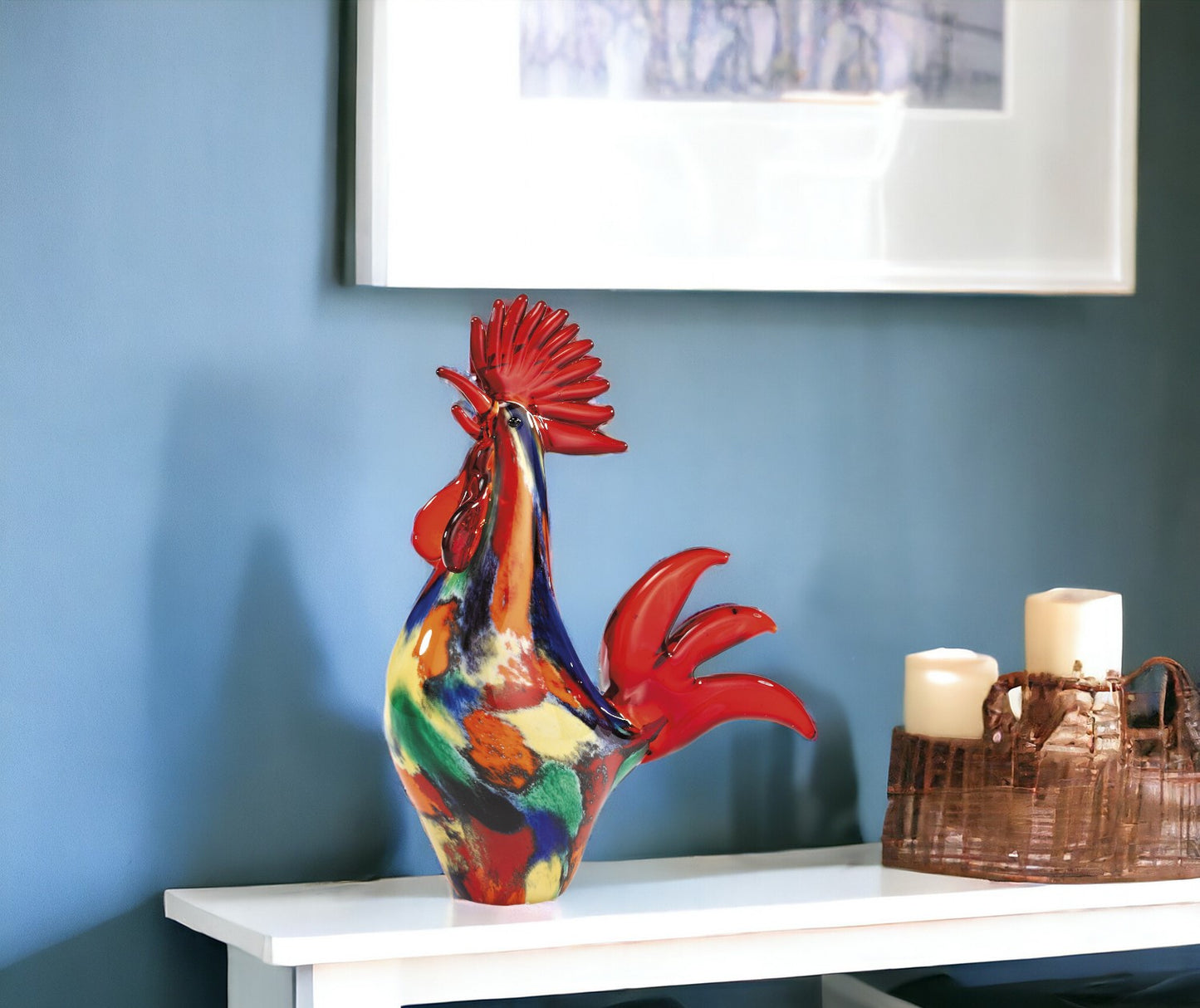 11" Red Colorful Art Glass Rooster Figurine
