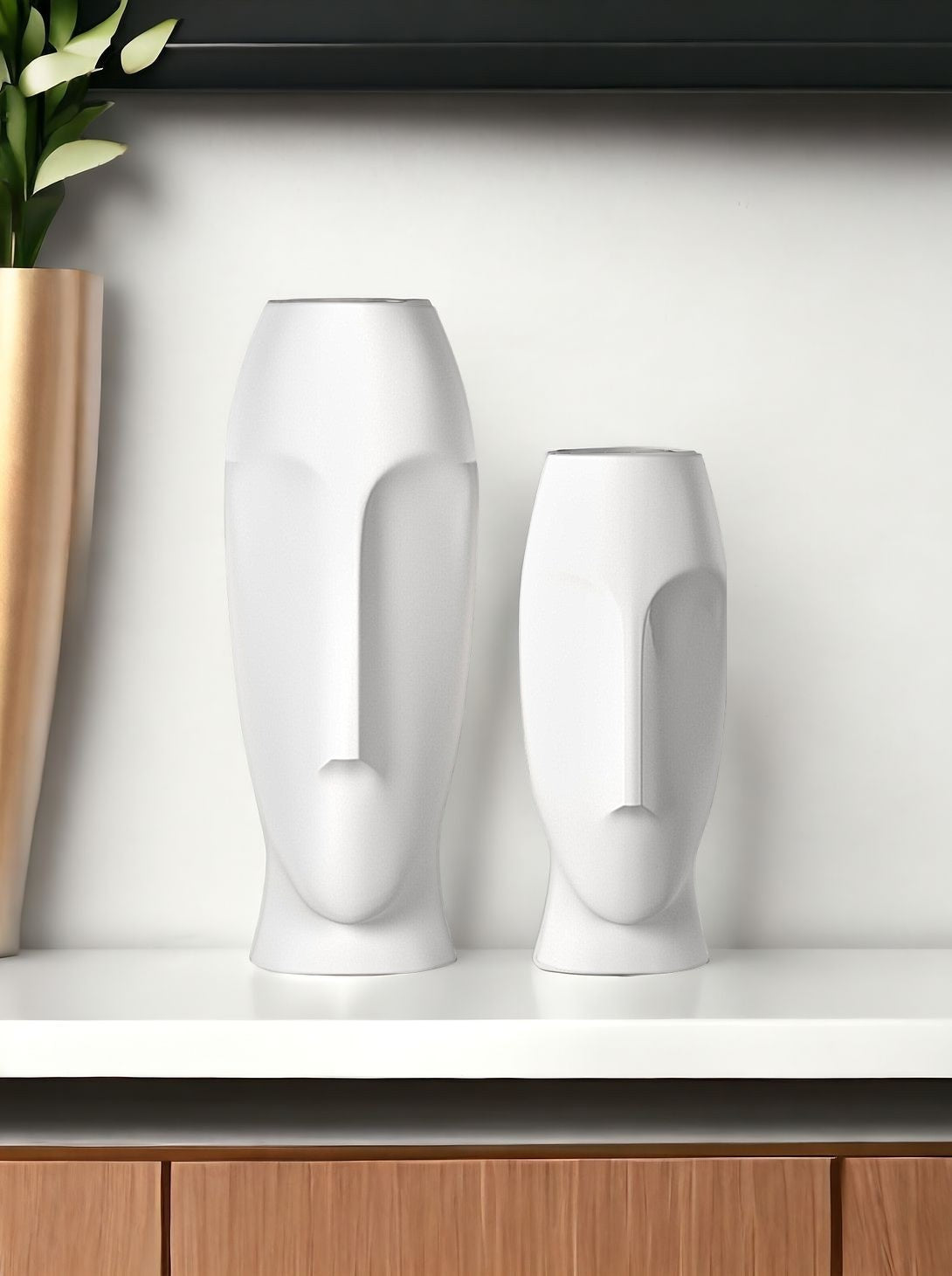 Set of Two Ceramic White Cylinder Table Vases