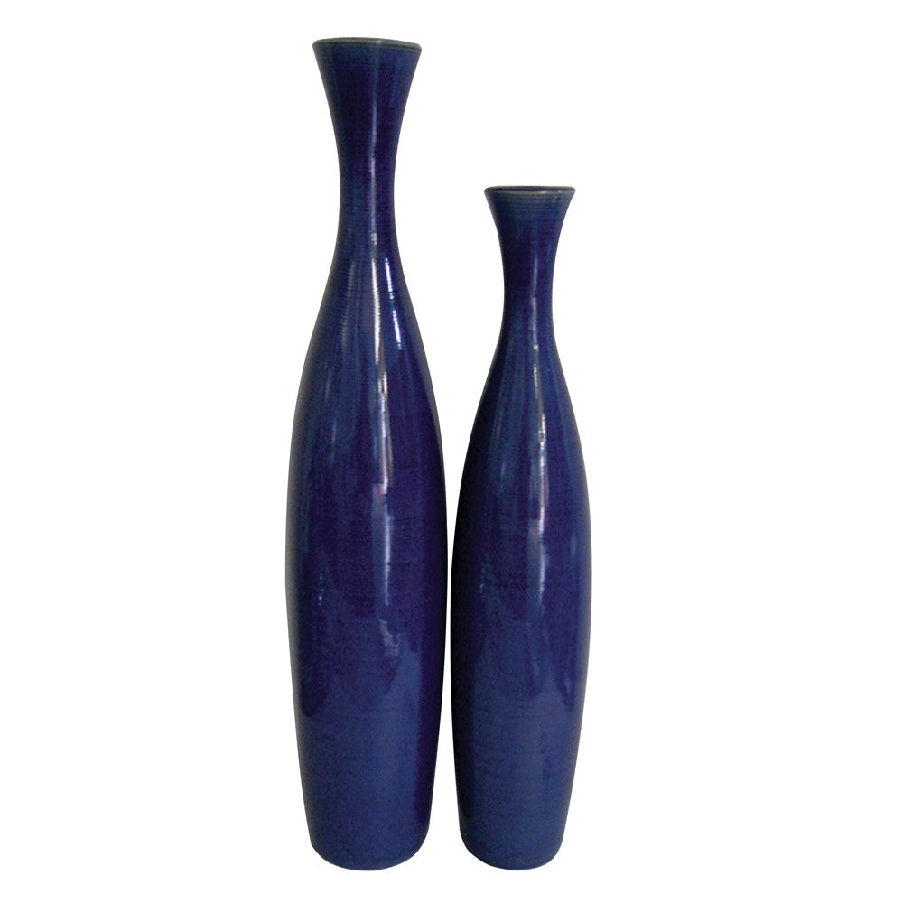 Set Of 2 Deep Indigo Blue Ceramic Tall Thin Vases