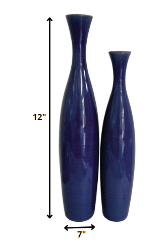 Set Of 2 Deep Indigo Blue Ceramic Tall Thin Vases