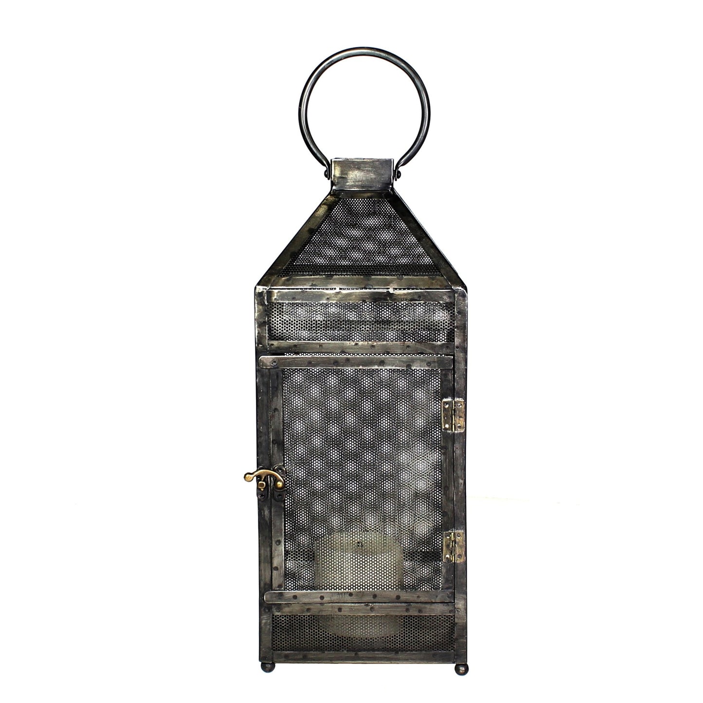 Rustic Industrial Gray Mesh And Metal Lantern