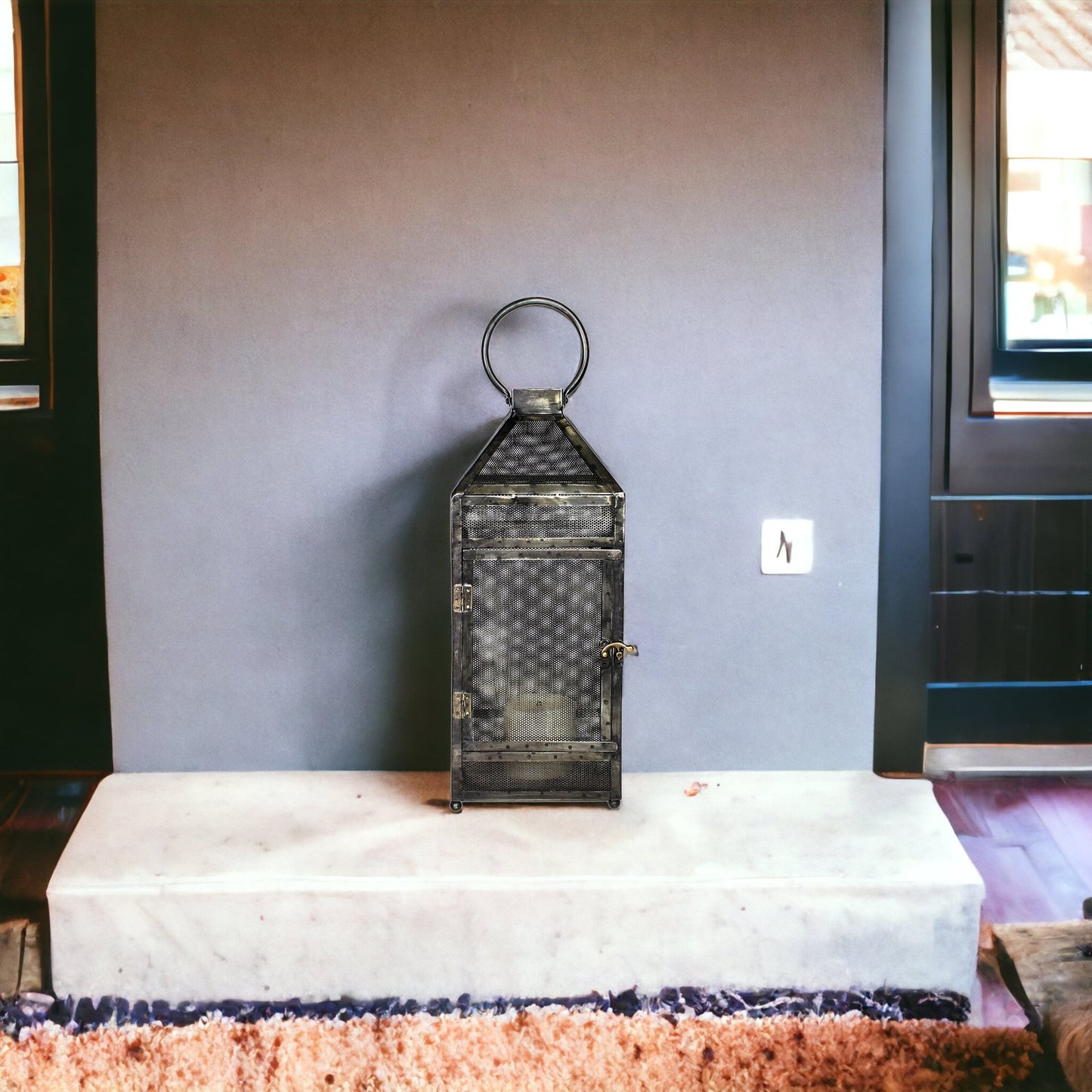 Rustic Industrial Gray Mesh And Metal Lantern