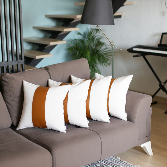 Set Of 4 White And Center Brown Faux Leather Pillow Covers