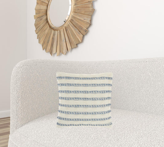 18" Pale Blue And Ivory Textured Stripes Throw Pillow
