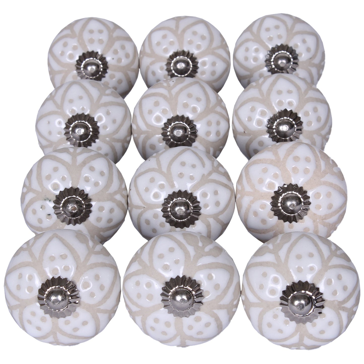 Set Of 12 Vintage Beige And White Floral Ceramic Knobs