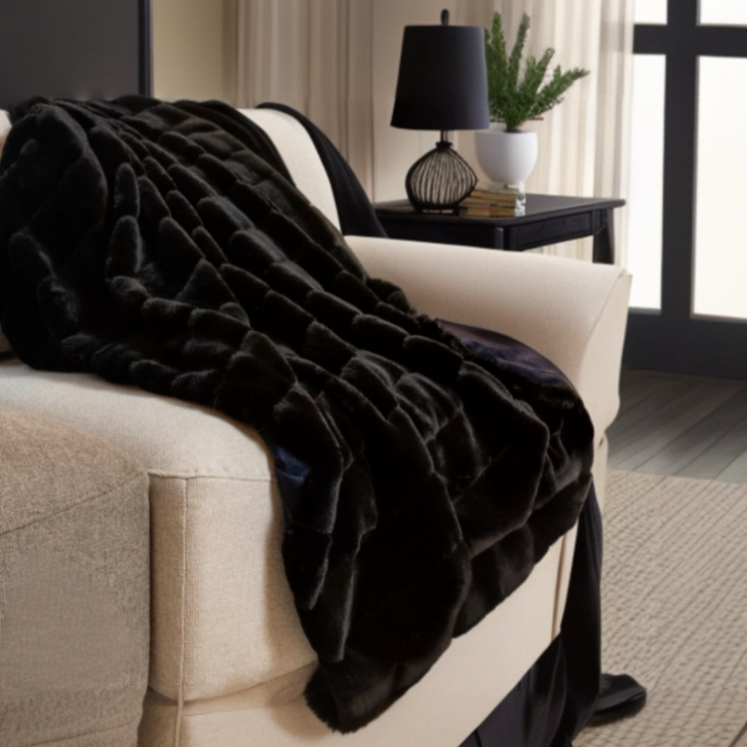 Black Faux Fur Solid Color Plush Throw