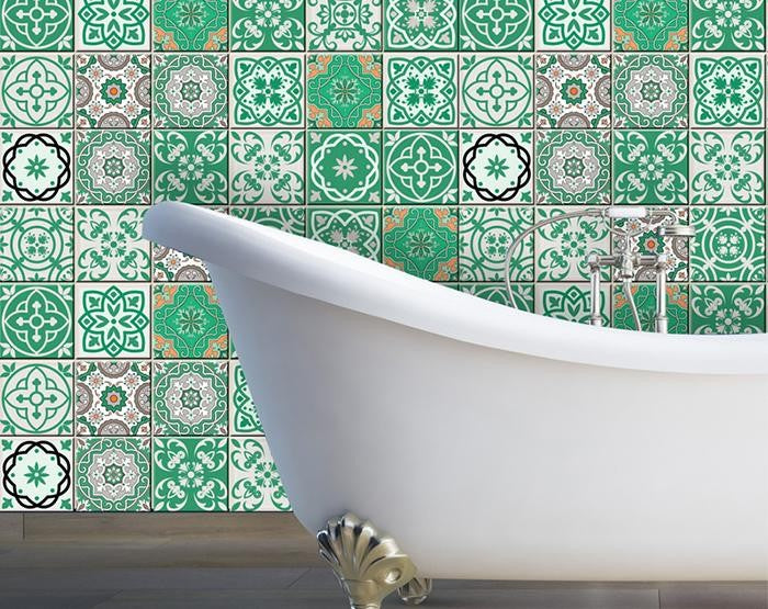 6" X 6" Green And White Mosaic Peel And Stick Removable Tiles