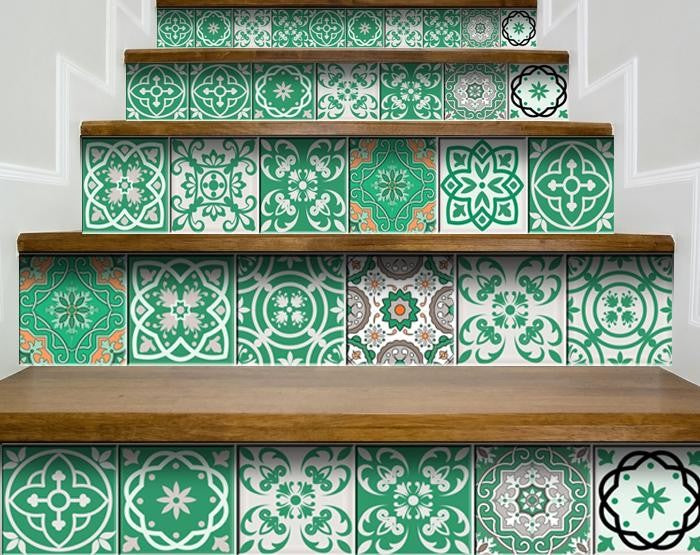 6" X 6" Green And White Mosaic Peel And Stick Removable Tiles