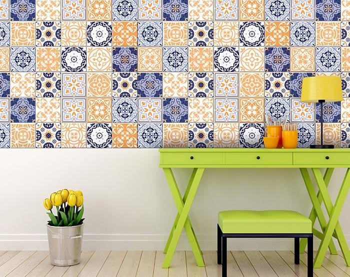 7" X 7" Yellow White And Blues Peel And Stick Removable Tiles