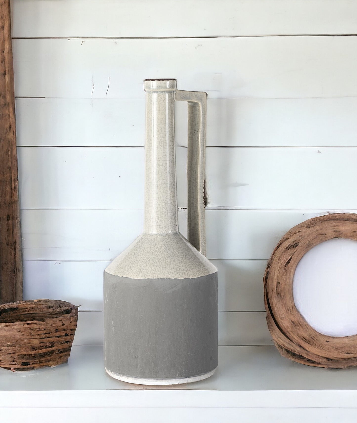 16" Gray and Off White Ceramic Tall Jug Vase