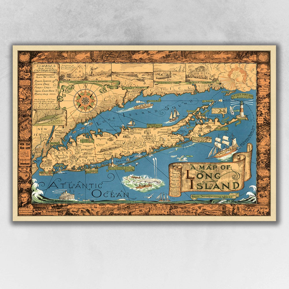 20" X 30" Vintage 1933 Map Of Long Island Wall Art