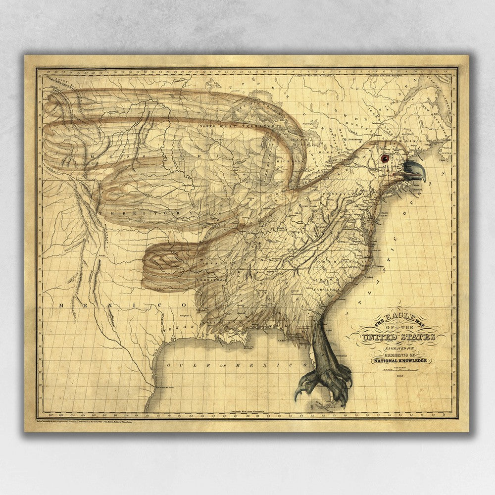 20" X 24" Eagle Map Of America C1833 Vintage  Poster Wall Art