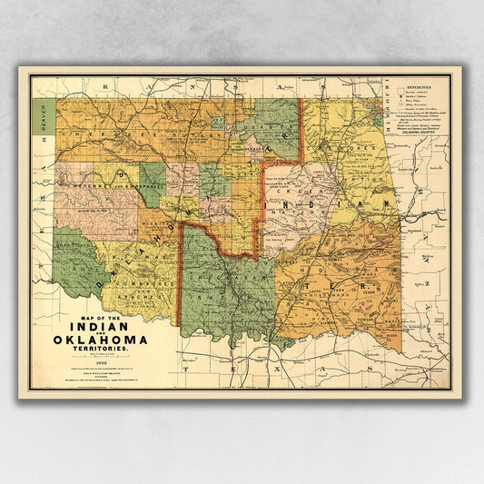 24" X 32" Map Of Indian And Oklahoma Territories Vintage Poster Wall Art