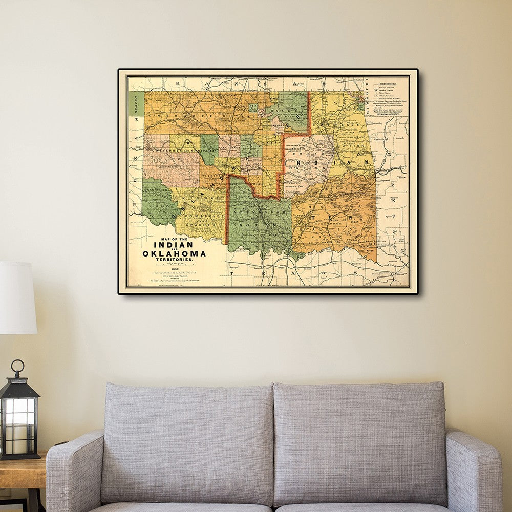 24" X 32" Map Of Indian And Oklahoma Territories Vintage Poster Wall Art