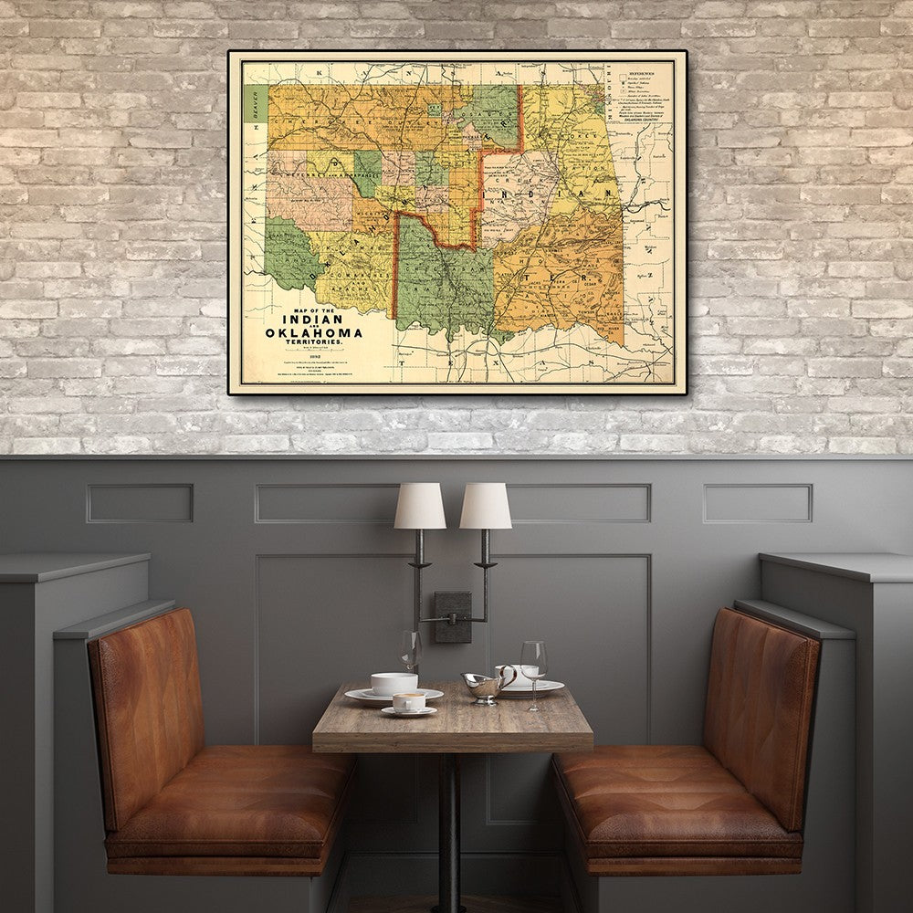 24" X 32" Map Of Indian And Oklahoma Territories Vintage Poster Wall Art