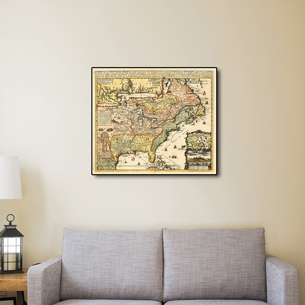 20" X 24" Vintage 1718 Map Of New France