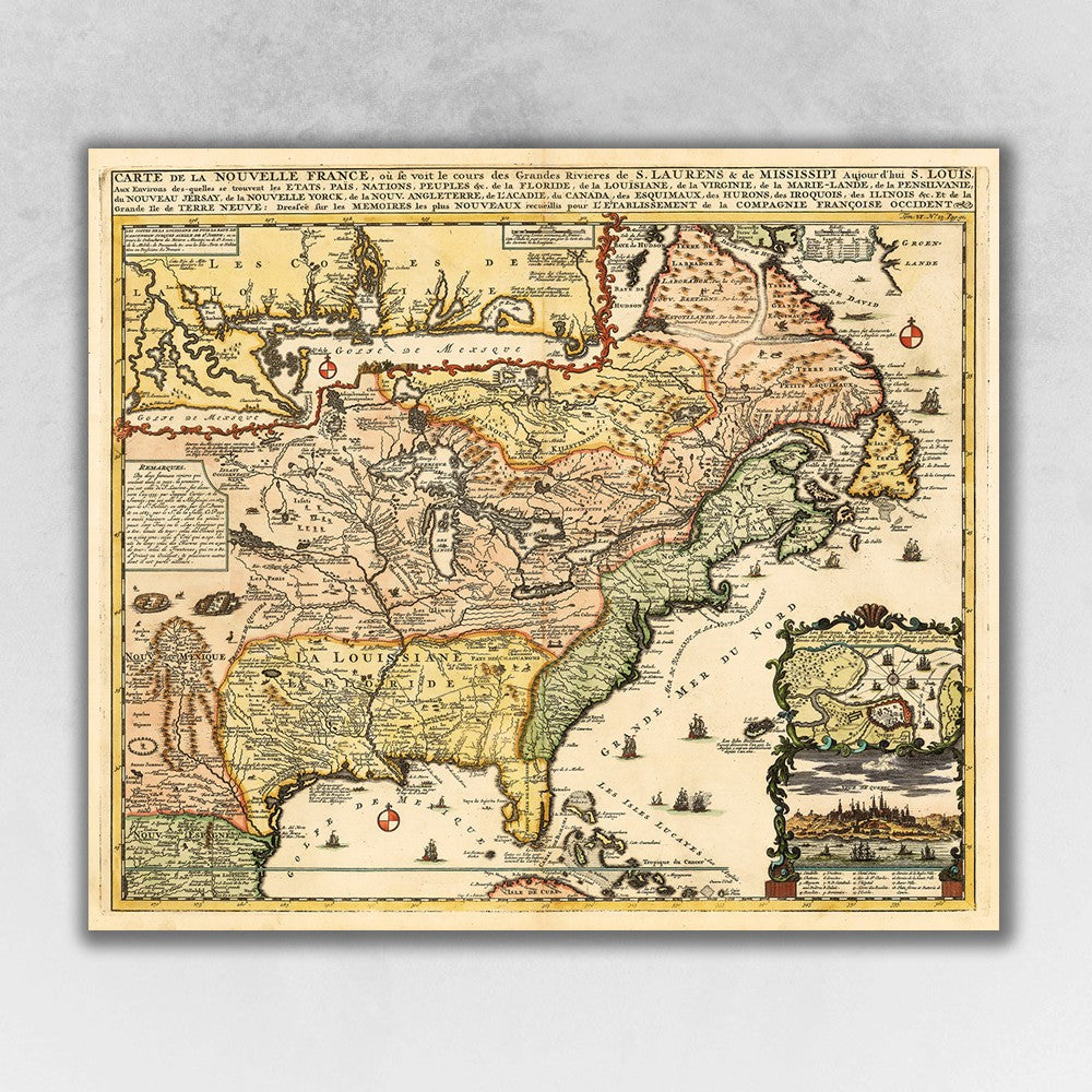 20" X 24" Vintage 1718 Map Of New France