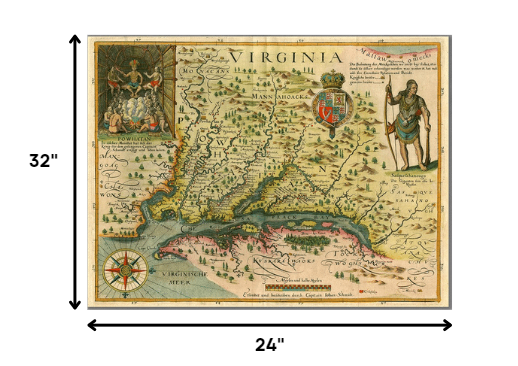 24" X 32" Map Of Virginia C1627 Vintage  Poster Wall Art