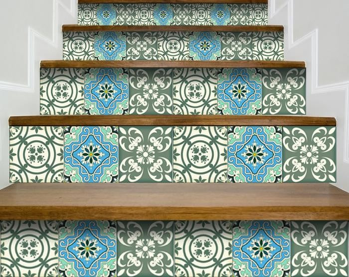 7" X 7" Sage And Aqua Floral Peel And Stick Removable Tiles