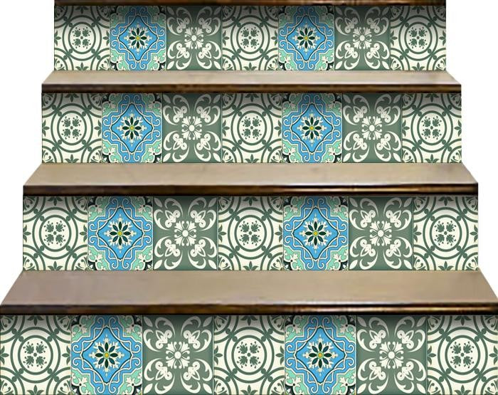 7" X 7" Sage And Aqua Floral Peel And Stick Removable Tiles