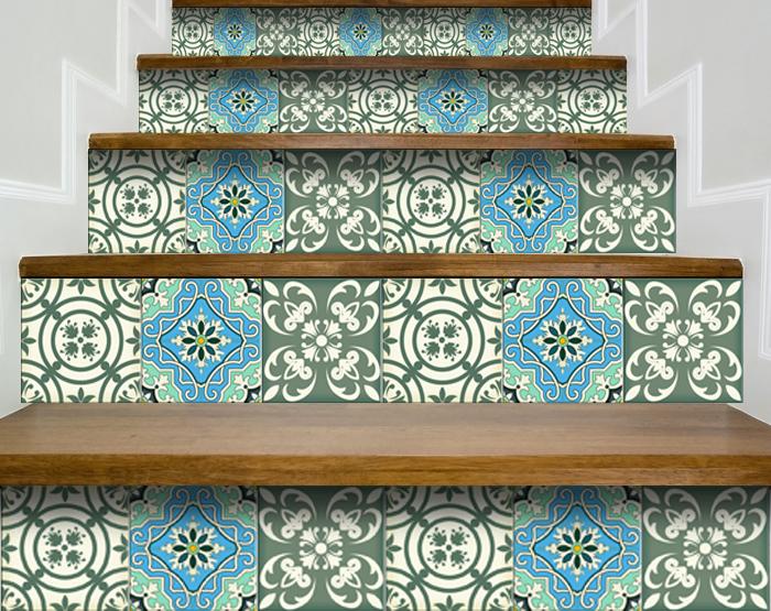 5" X 5" Sage And Aqua Floral Peel And Stick Removable Tiles