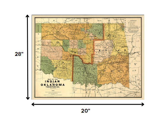 20" X 28" Map Of Indian And Oklahoma Territories Vintage Poster Wall Art