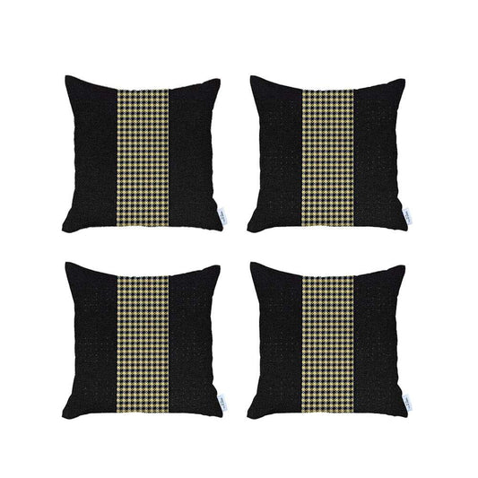 Set Of 4 Black And Yellow Houndstooth Pillow Covers