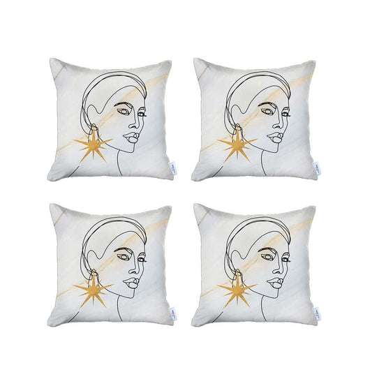 Set Of 4 White Printed Art Pillow Covers