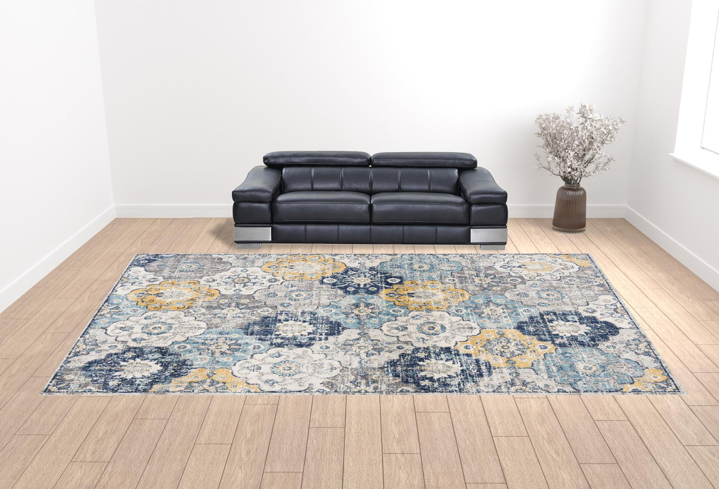 12' X 18' Blue and Yellow Floral Washable Non Skid Area Rug