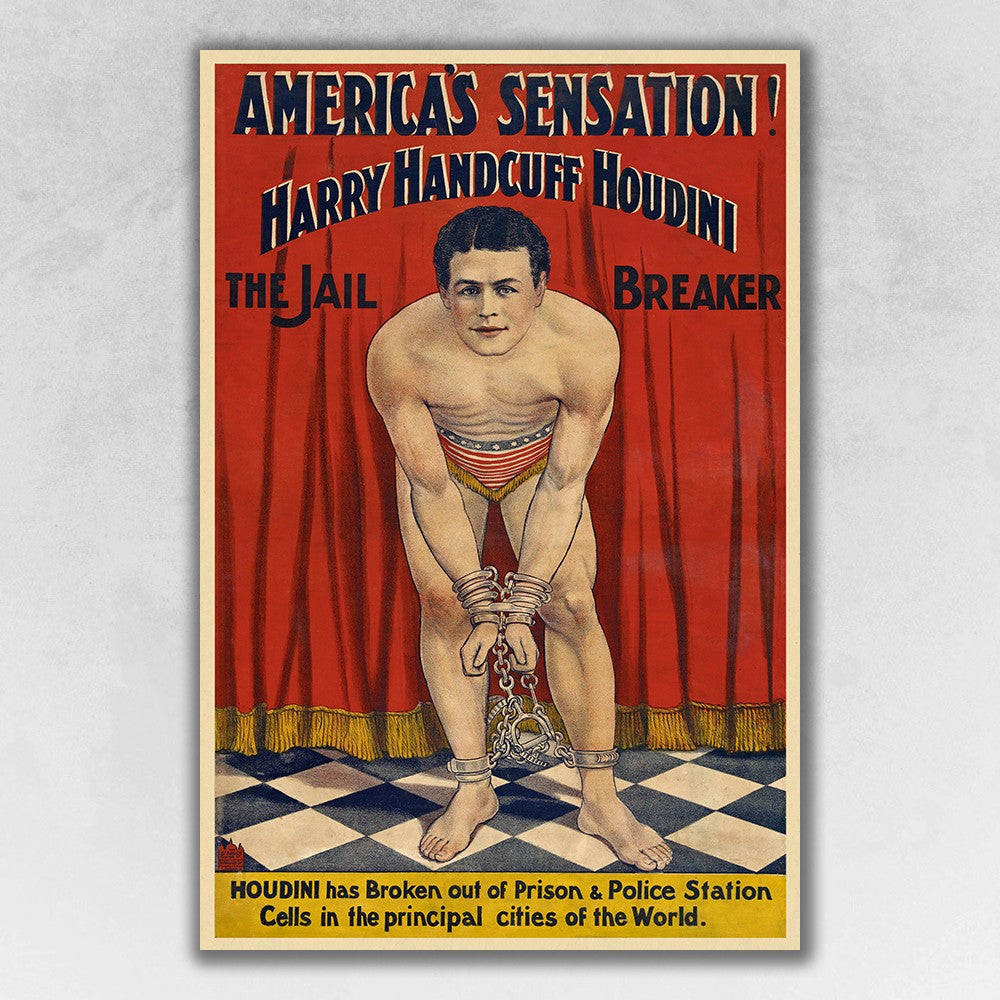 24" X 36" Houdini In Handcuffs Vintage Magic Poster Wall Art