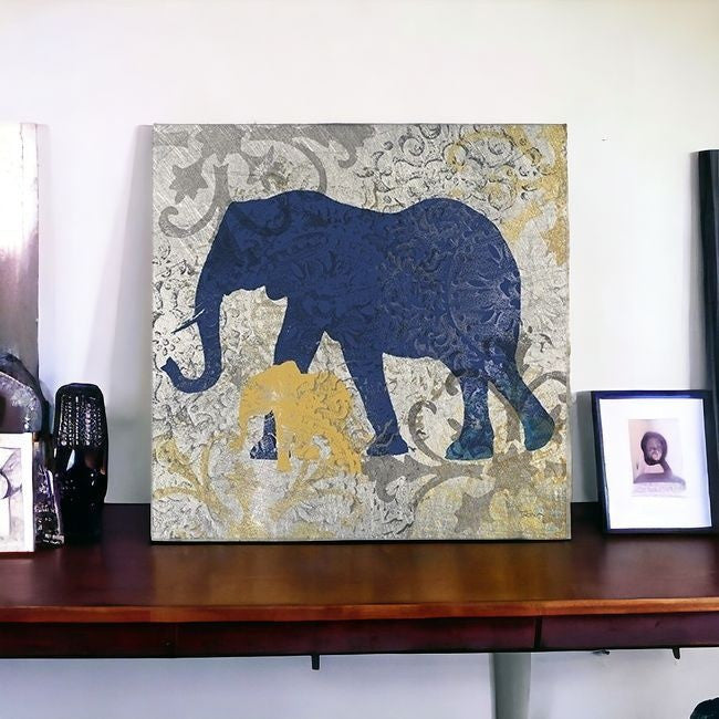 Exotic Blue And Gold Elephant Unframed Print Wall Art