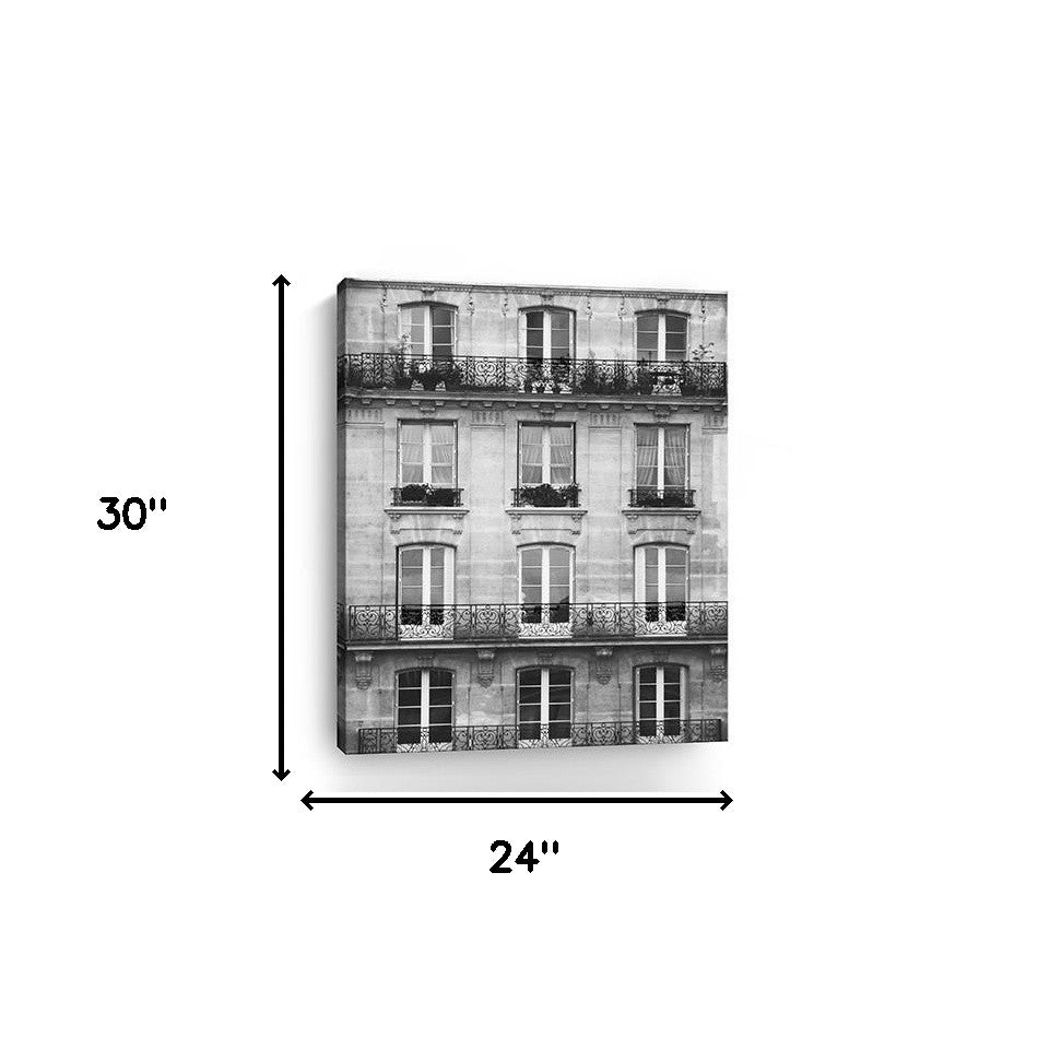 30" x 24" Balcony View Black and White Photo Real Canvas Wall Art