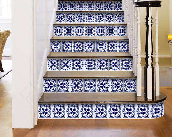 6" X 6" Blue And White Mosaic Peel And Stick Removable Tiles