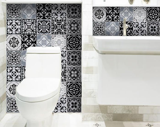 4" X 4" Black White and Gray Mosaic Peel and Stick Tiles