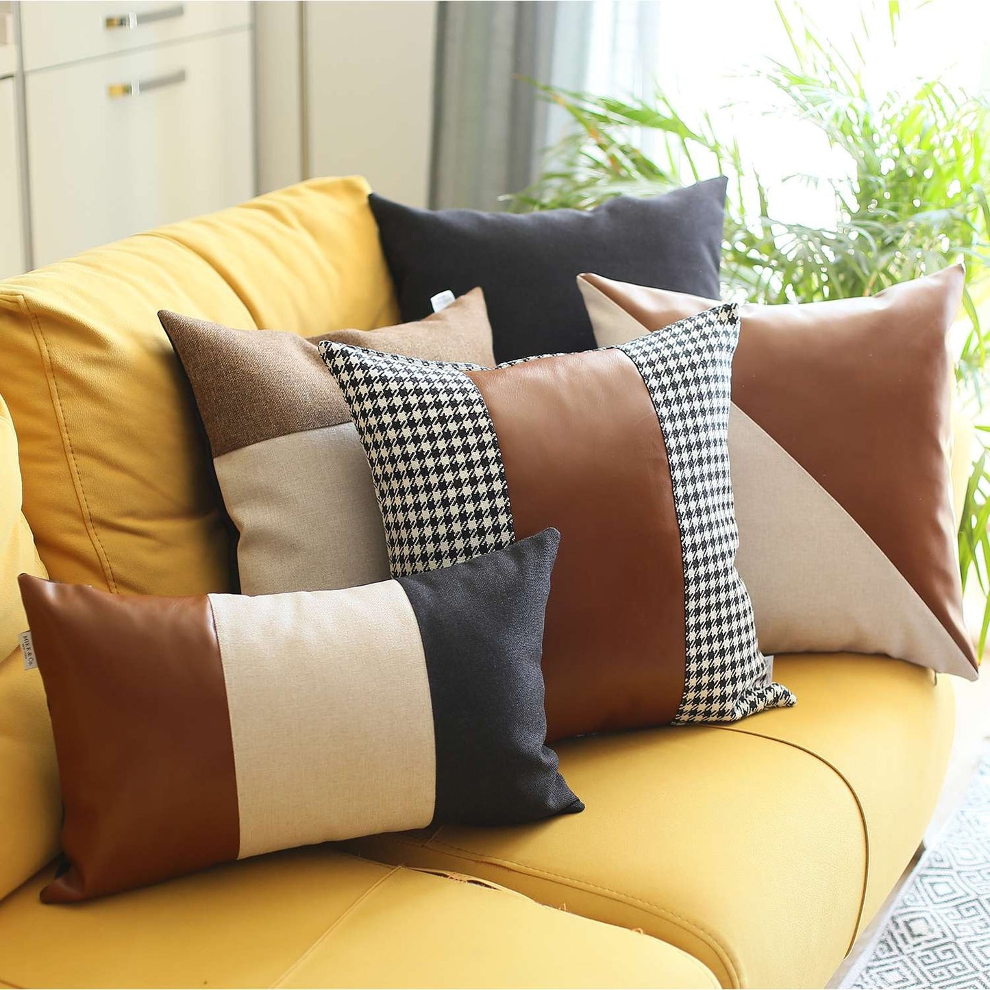 Slanted White and Brown Faux Leather Throw Pillow