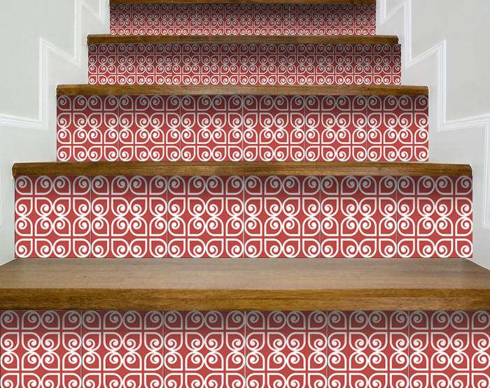 4" x 4" Brick Red And White Scroll Peel and Stick Removable Tiles