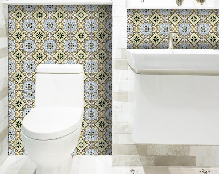 6" X 6" Taupe and Blue Scroll Peel and Stick Tiles