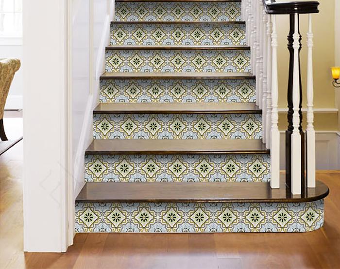 7" X 7" Taupe and Blue Scroll Peel and Stick Tiles