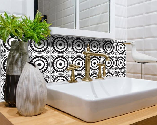 8" X 8" Black and White Posy Peel and Stick Removable Tiles