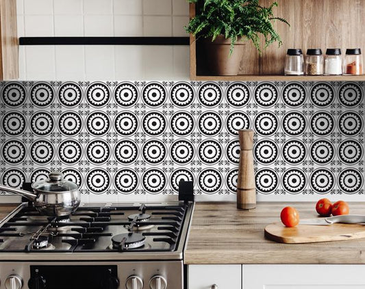 8" X 8" Black and White Posy Peel and Stick Removable Tiles