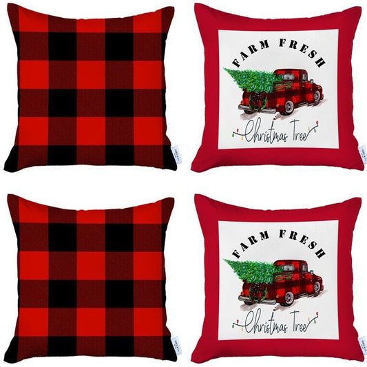 Set Of Four 18 X 18 Red And Black Plaid Zippered Polyester Christmas Tree Throw Pillow Cover